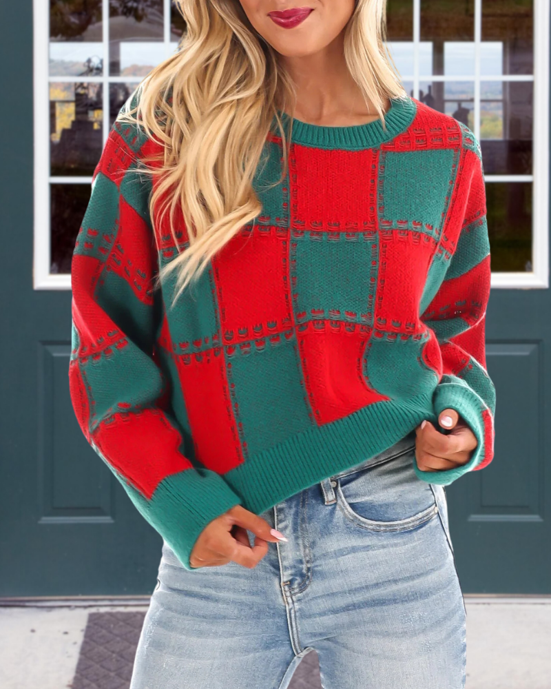 Colorblock Plaid Knitted Sweater