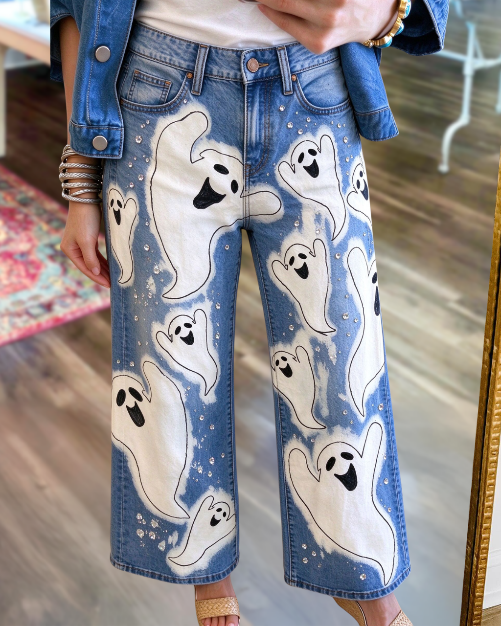 Ghost Print Rhinestone Jeans