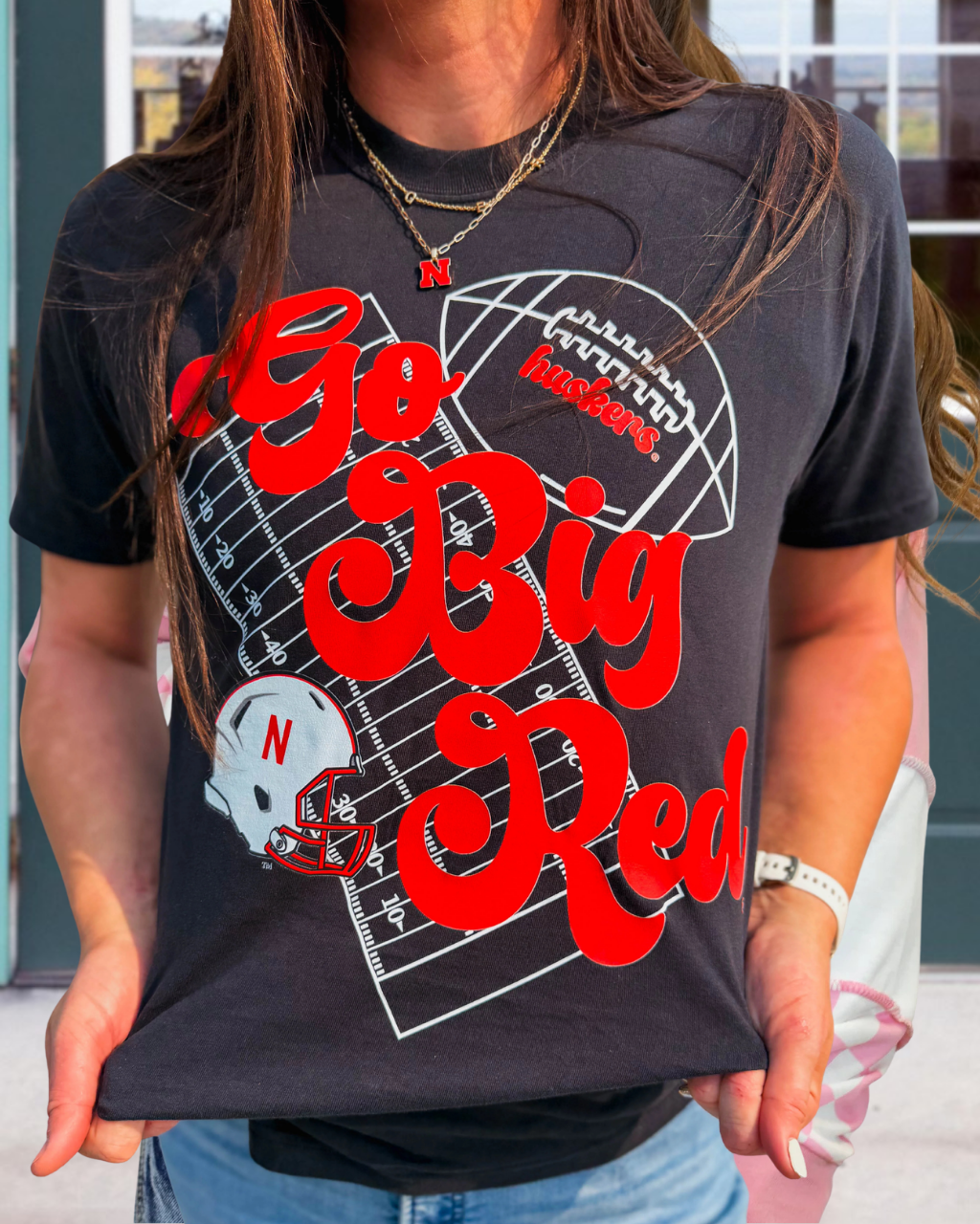 Go Big Red Football Print T-Shirt