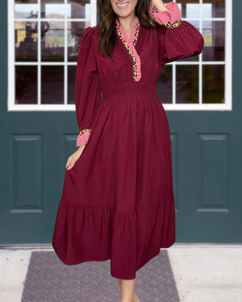 Ruffled Leopard Trimmed Maxi Dress