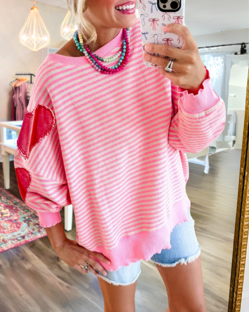 Romantic Heart Embroidered Striped Sweatshirt