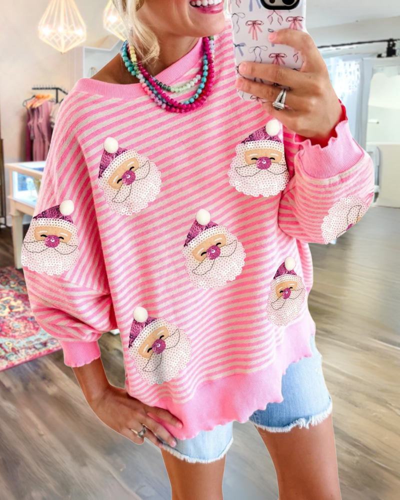 Fun Sequin Santa Striped Sweatshirt