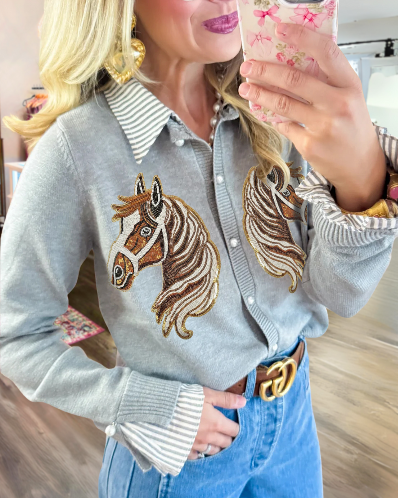 Trendy Horse Sequined Knitted Cardigan