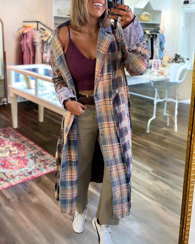 Chic Brushed Plaid Button Coat
