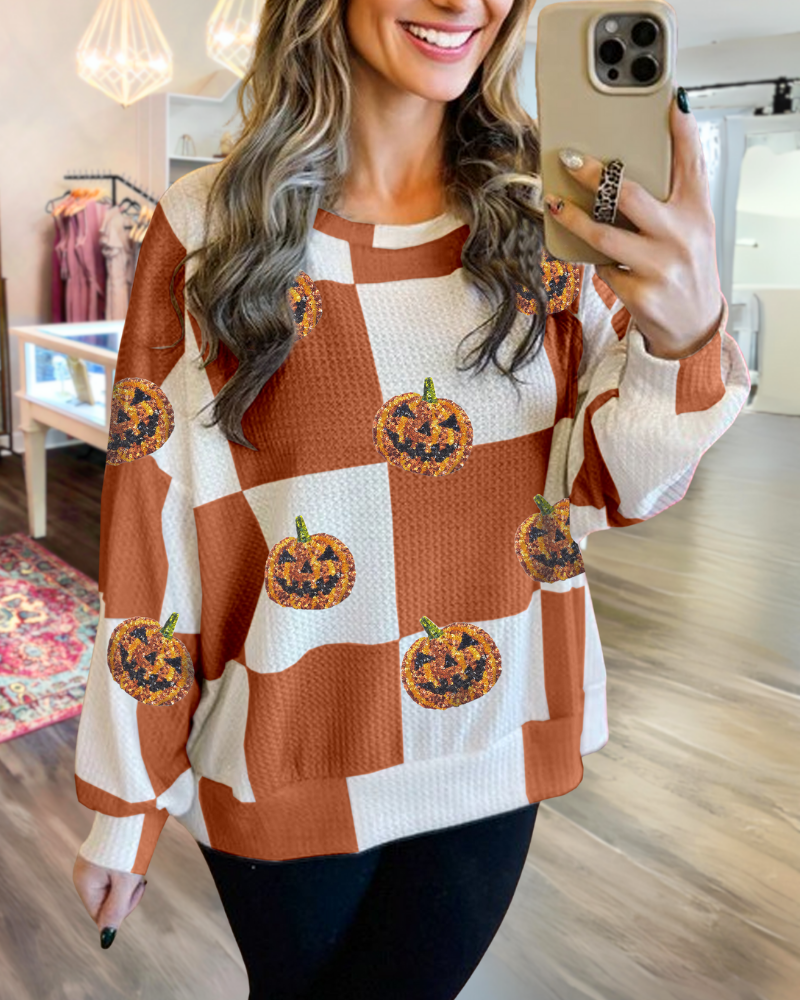 Halloween Sequin Pumpkin Checkered Sweatshirt