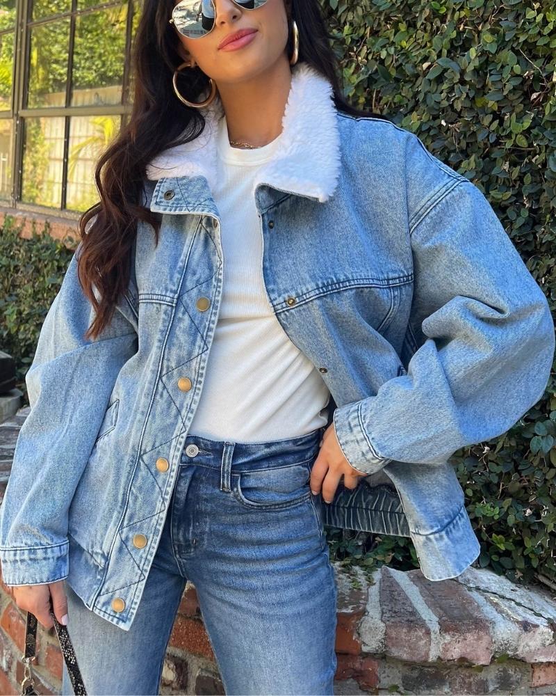 Detachable Plush Collar Denim Bomber Jacket