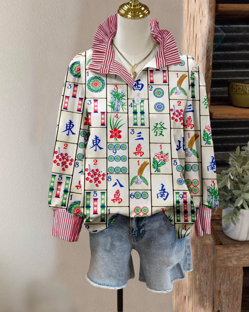 Mahjong Plaid Striped Ruffle Top