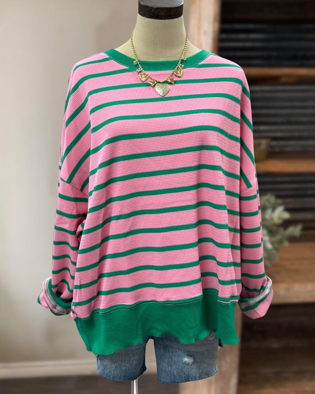 Contrast Stripe Waffle Pullover