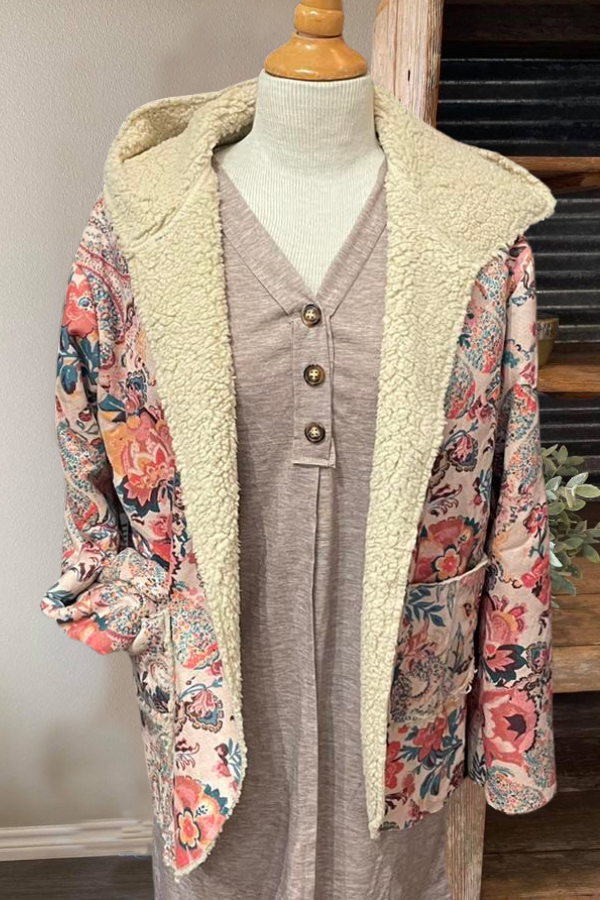 Mixed Floral Plush Hooded Jacket