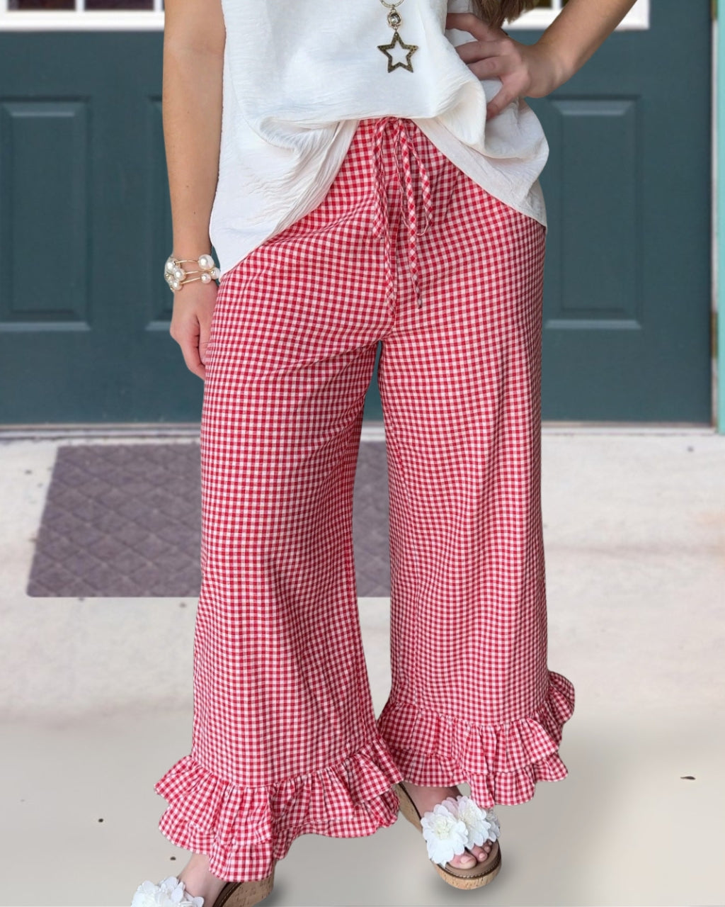 Ruffled Hem Plaid Pants