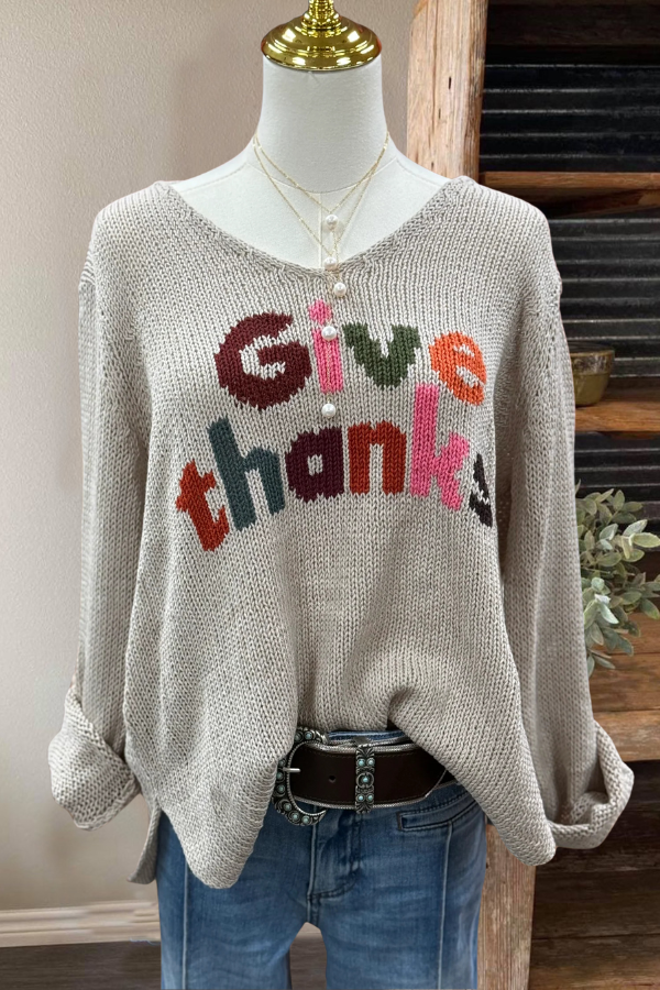 Give Thanks Loose V-Neck Sweater