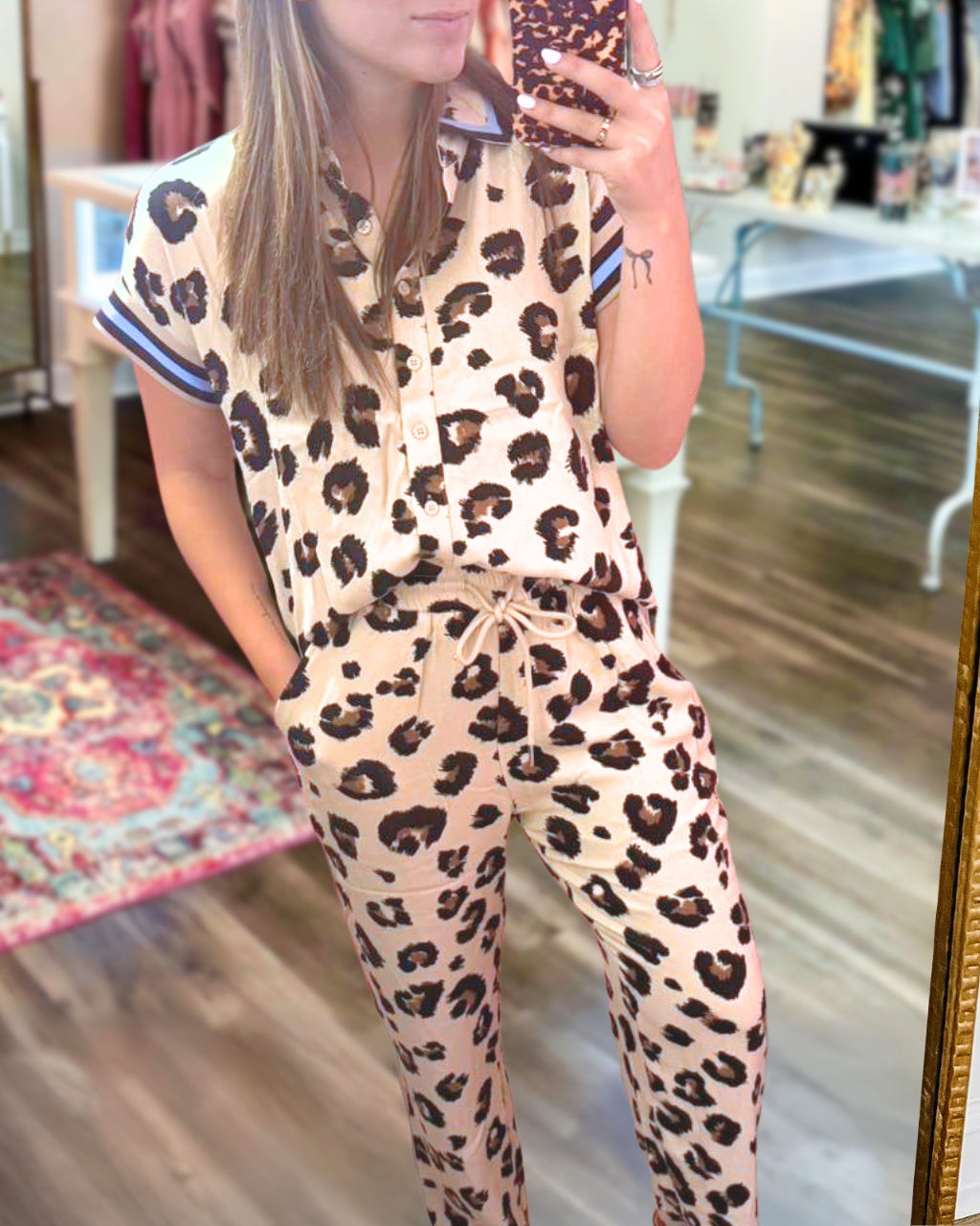 Contrasting Trim Leopard Satin Set