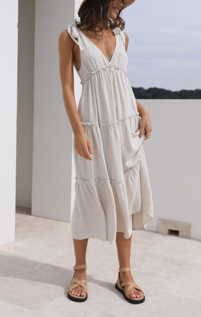 Elegant Linen V-Neck Tie Dress