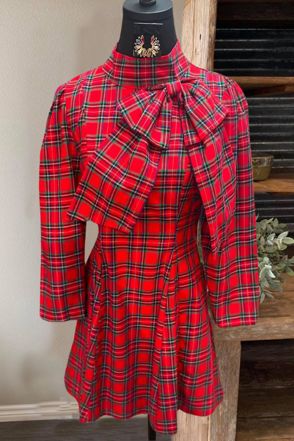 Elegant Plaid Bow Turtleneck Dress