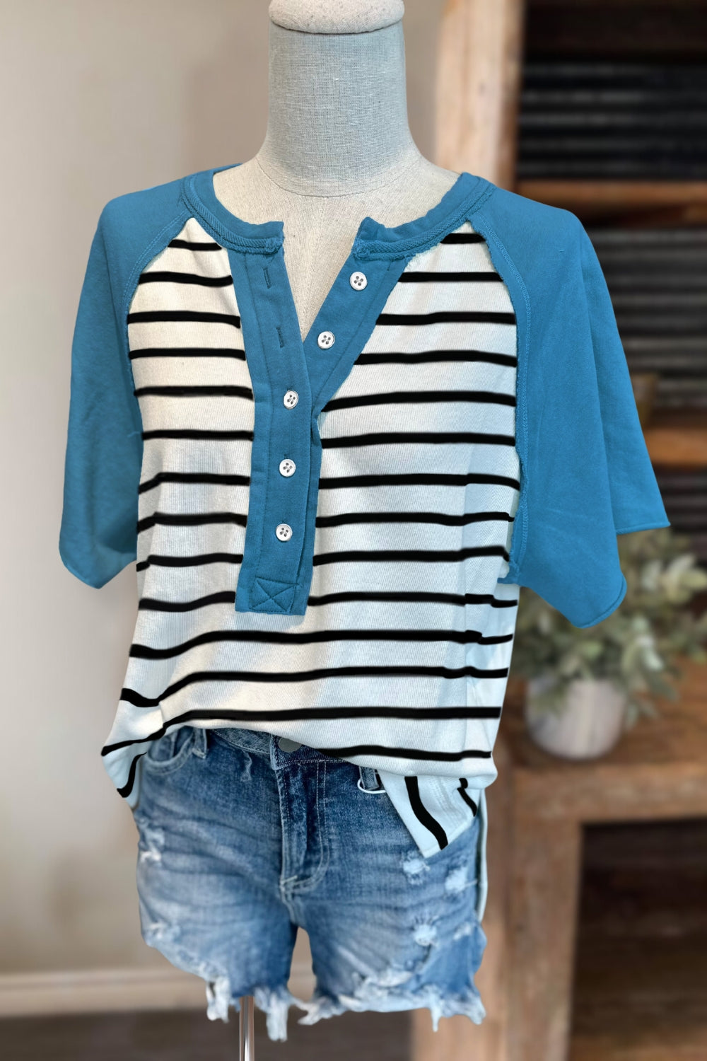 Striped Color Block Henley Top