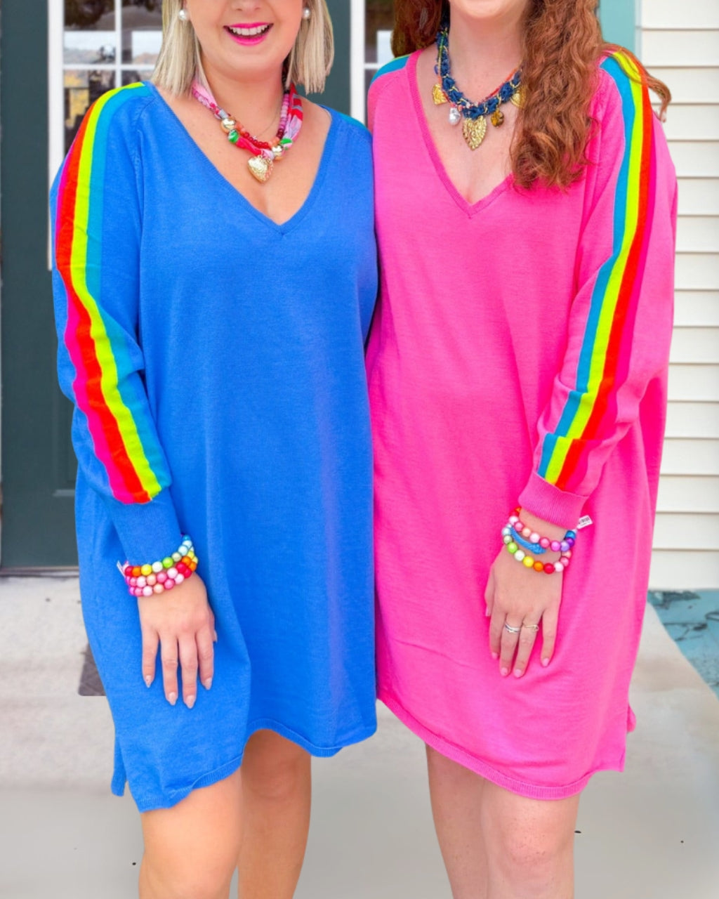 Side Striped V-neck Pullover Dress