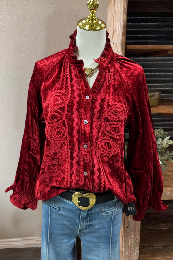 Ruffled Floral Textured Velvet Blouse