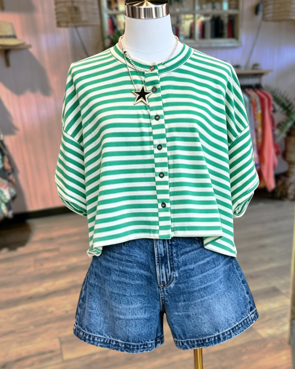 Striped Collins Button Tee