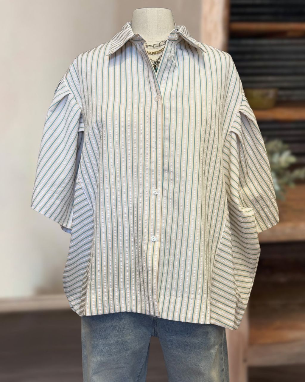 Textured Striped Floral Patchwork Shirt