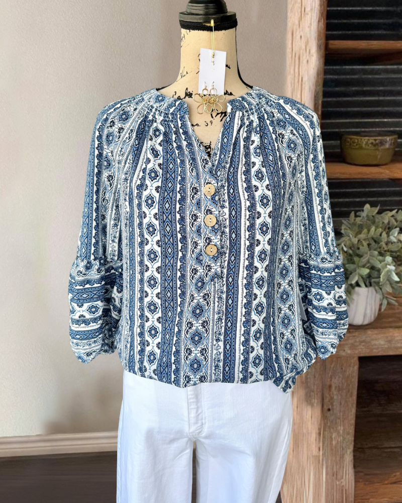 Unique Floral Button V-Neck Top