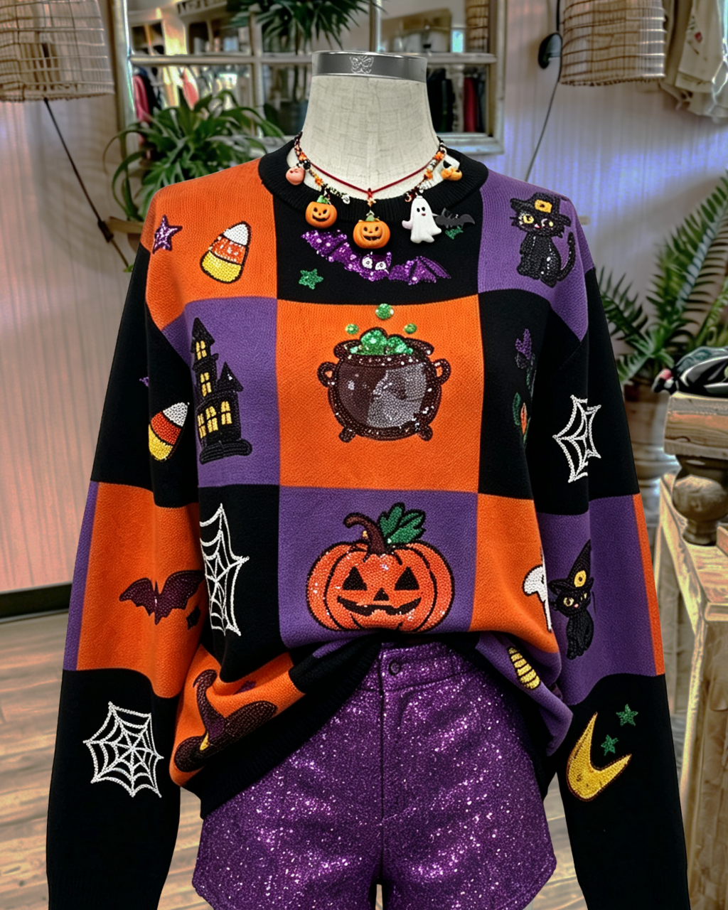 Halloween-themed Sequined Color-blocked Sweatshirt