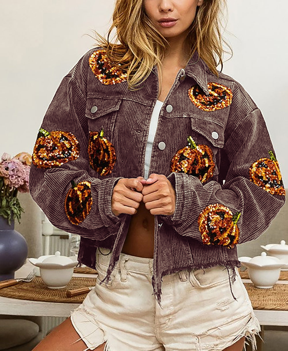 Halloween Pumpkin Sequin Washed Jacket