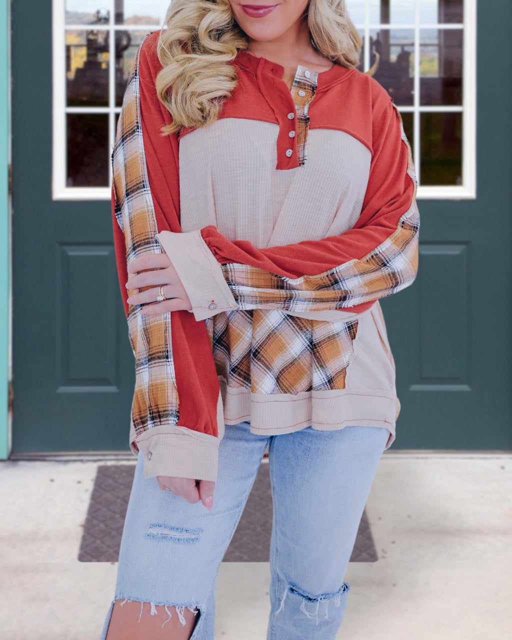 Colorful Plaid Button Sweatshirt