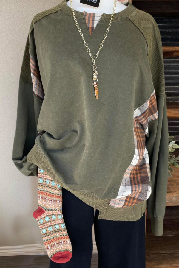 Oversized Patchwork Check Sweatshirt