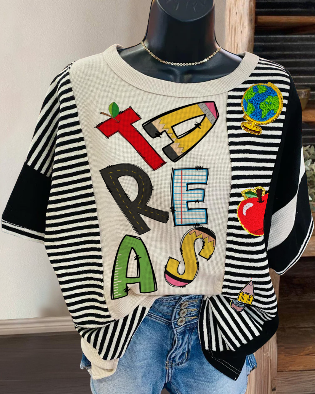 Playful Letter Sequin Striped T-shirt