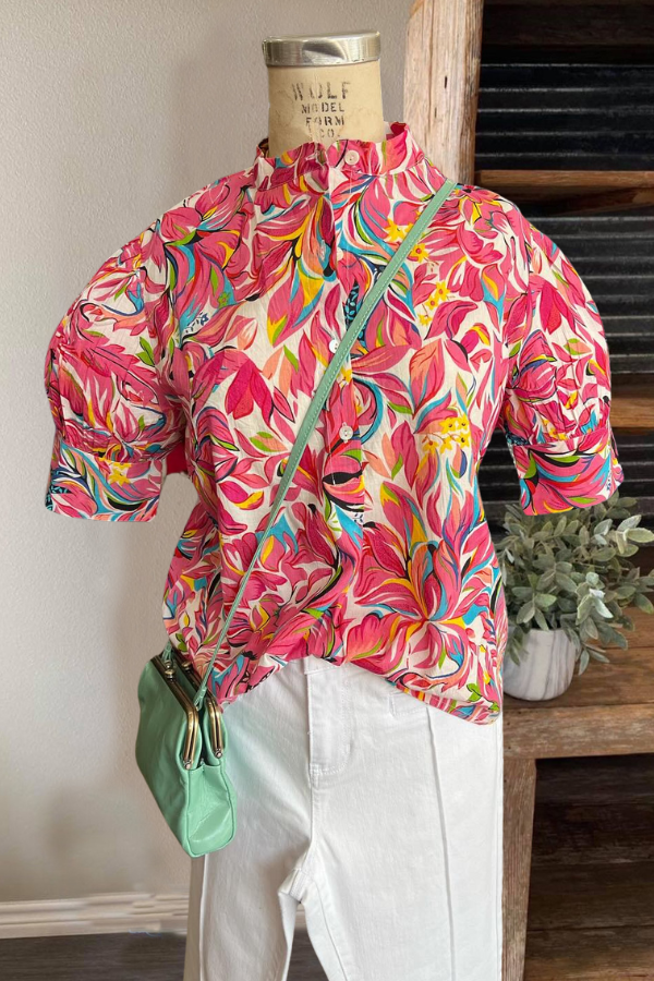 Colorful Leaf Button-Up Top