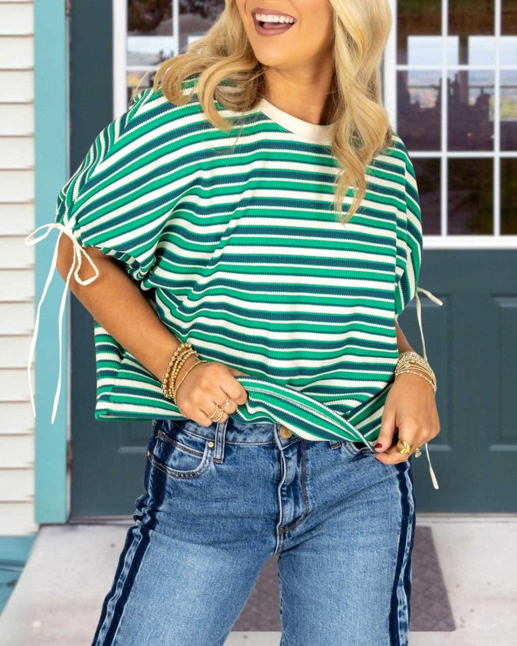 Striped Drawstring Crewneck Top