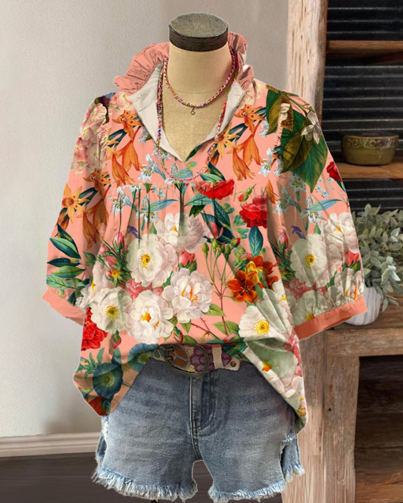 Unique Floral Ruffle V-Neck Top