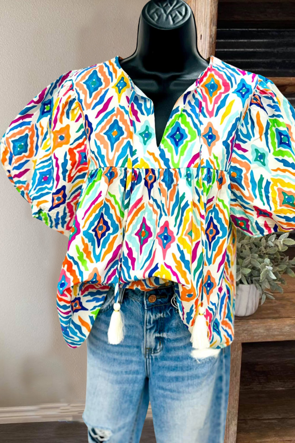 Tassel Tie Multi Color Print Top