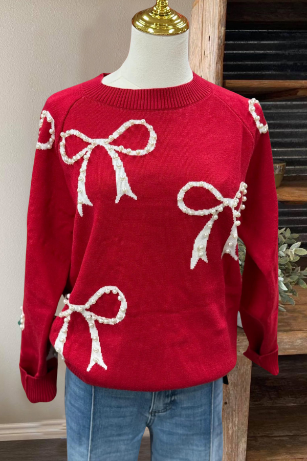 Pearl Beaded Bow Sweater