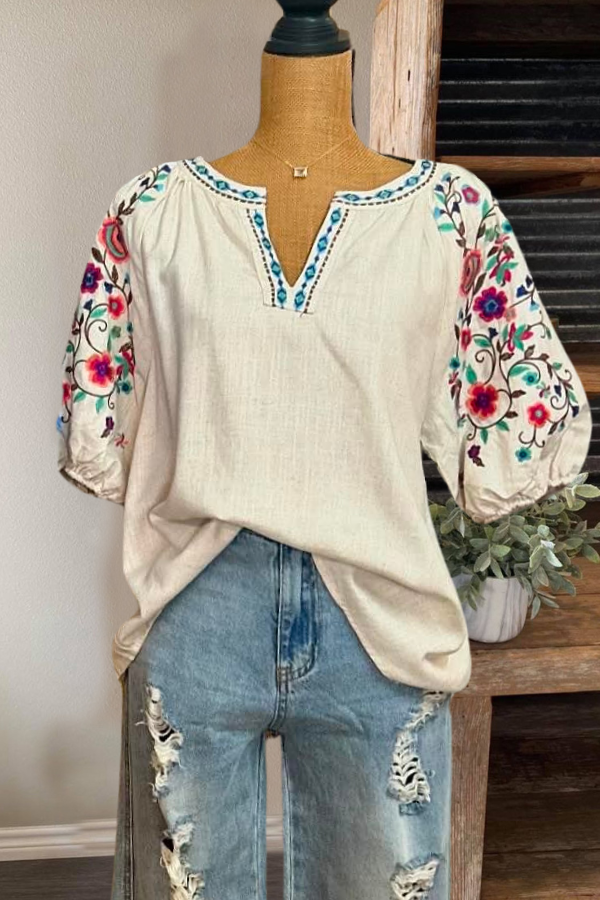 Wildflower Embroidered Linen Top