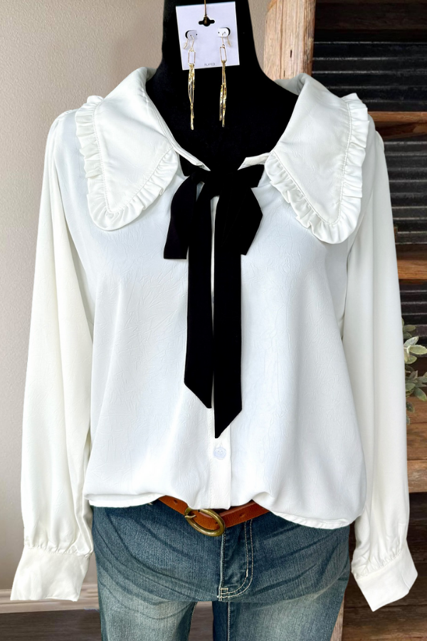 Lapel Lace-up Ruffled Blouse