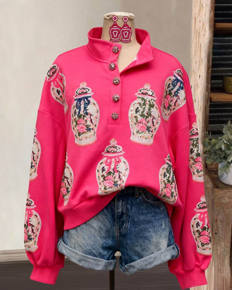 Vase Sequin Half-Open Button Pullover