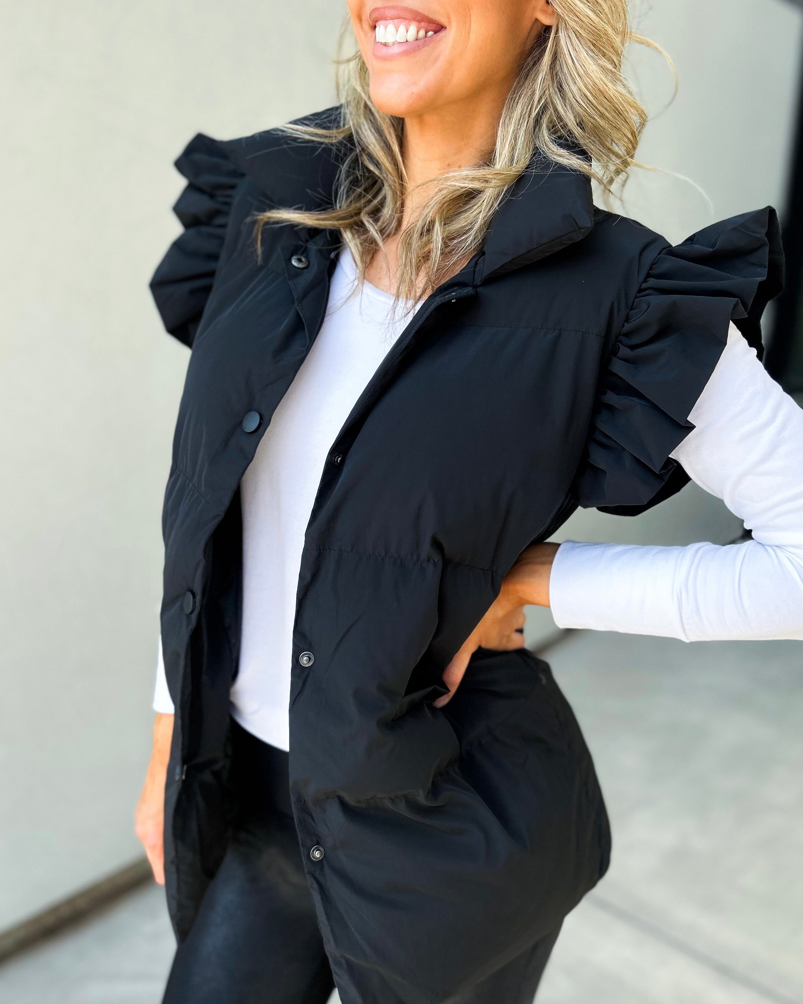 Ruffled Sleeve Quilted Puffer Vest