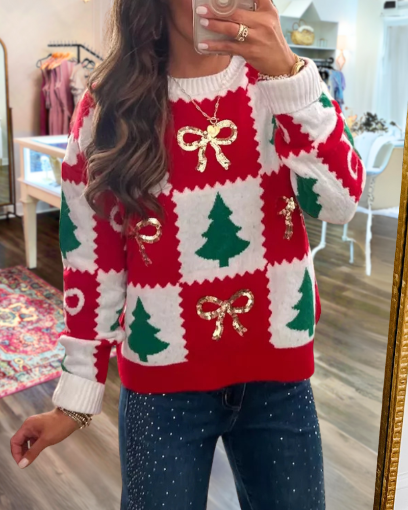 Christmas Tree Bow Checkered Pullover