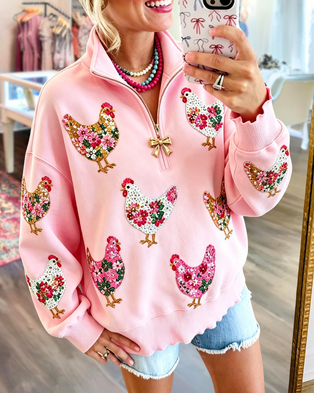 Rooster Floral Sequined Half-zip Pullover