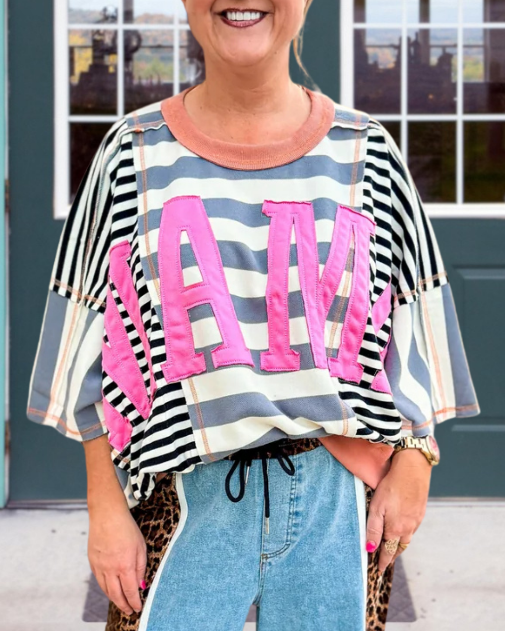 Oversized MAMA Patch Striped T-Shirt