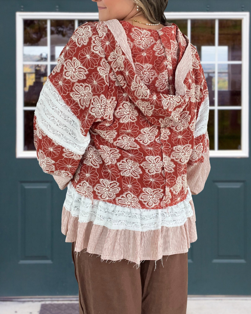 Floral Half-Button Ruffle Pullover