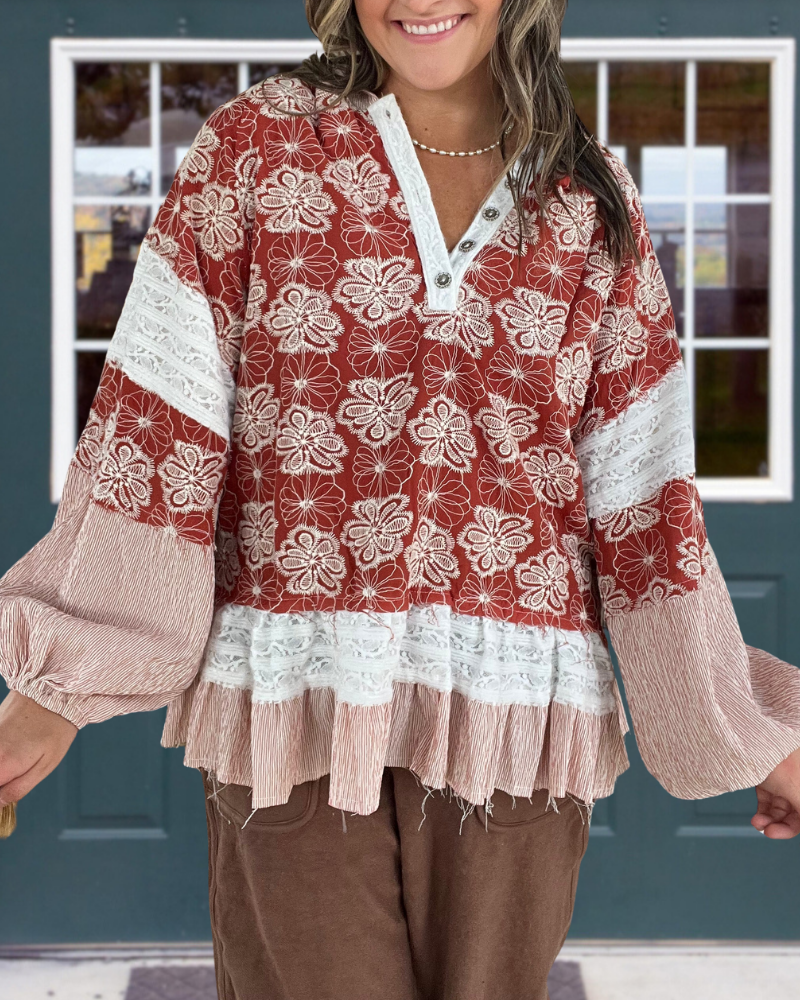 Floral Half-Button Ruffle Pullover