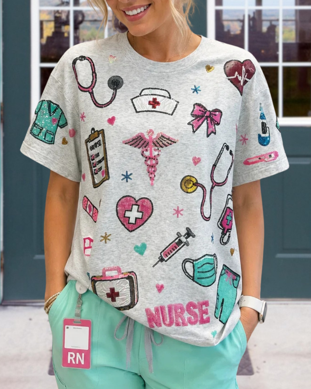 NURSE themed Sequin-Embroidered Tee