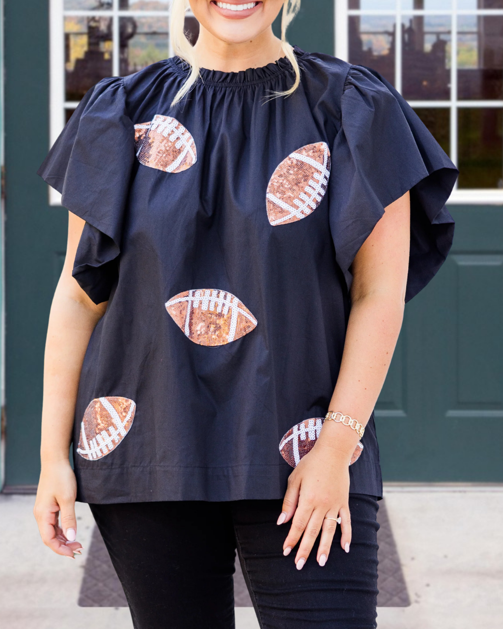 Football Sequined Ruffled Cuffs Top