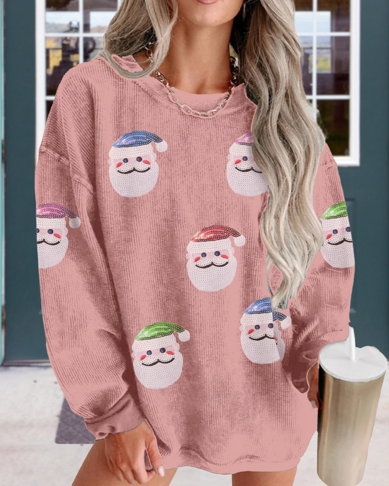 Playful Santa Claus Sequin Ribbed Sweatshirt
