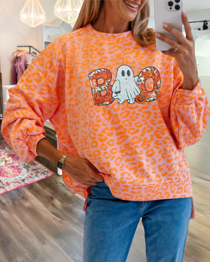 BOO Ghost Leopard Print Sweatshirt