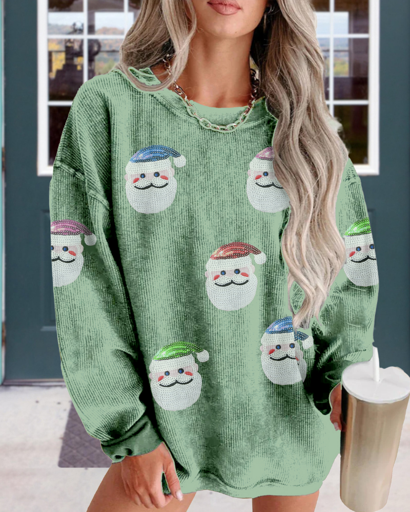 Playful Santa Claus Sequin Ribbed Sweatshirt