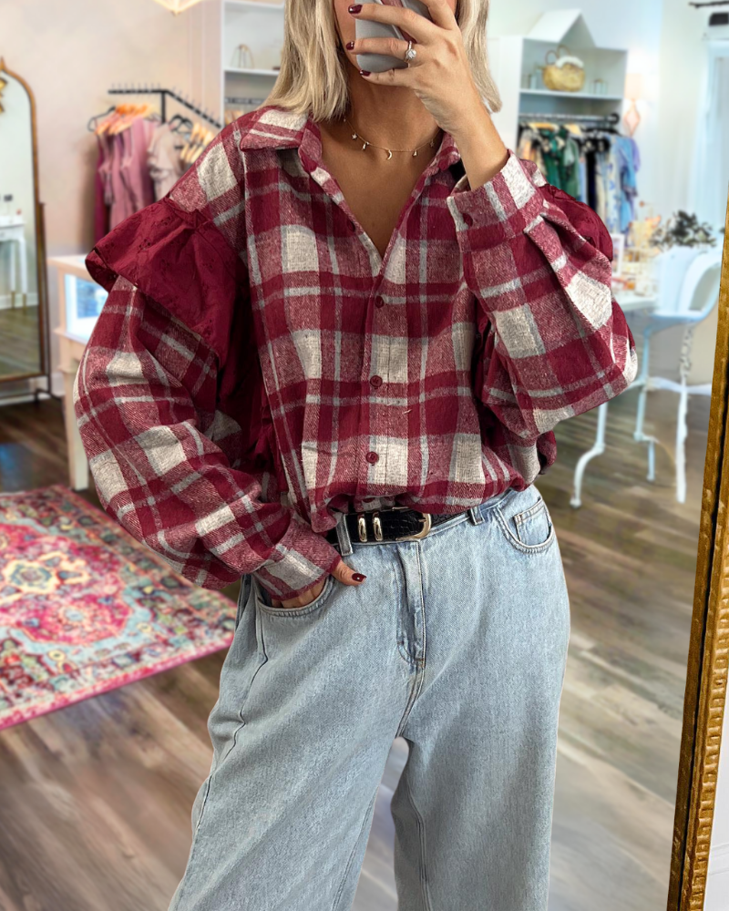 Plaid Ruffled Stand Collar Top