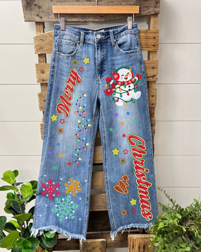 Merry Christmas Print Raw-Hem Pants